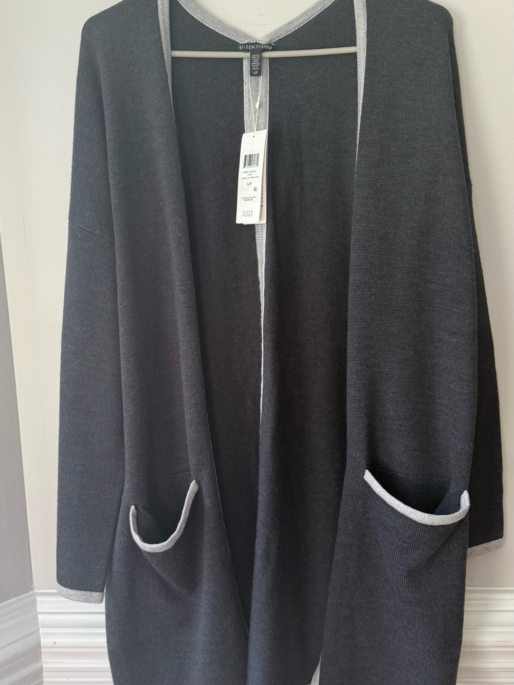 Eileen Fisher Charcoal Gray Open-Front Cardigan with Light Gray Trim